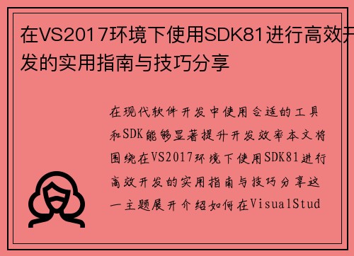 在VS2017环境下使用SDK81进行高效开发的实用指南与技巧分享